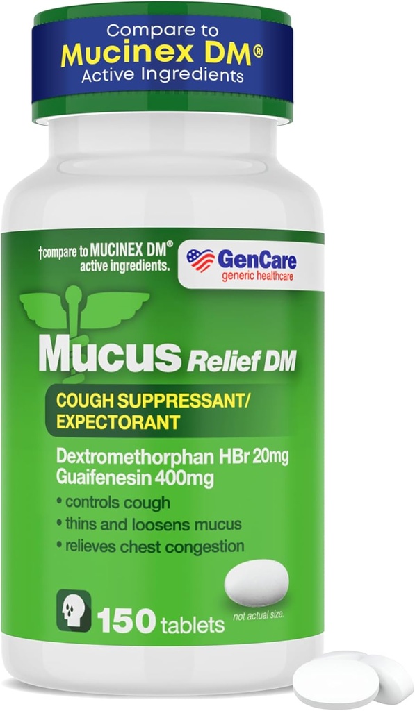 GenCare - Mucus Relief DM (150 Count Value Bottle) Dextrometorphan HBr 20mg Guaifenesin 400mg | Generisk Mucus Relief DM | Omedelbar Release Uncoated Cough & Mucus Expectorant Pill
