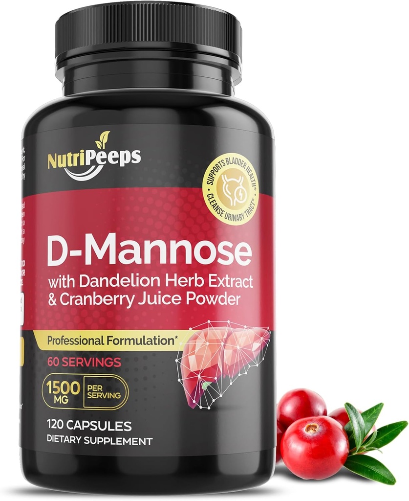 D-Mannose 1500mg, 120 kapszula Gyermekláncfű Herb és Áfonya kivonatok, Natural Urinary Tract Cleanse UTI támogatás, kipirulás és méregtelenítés szennyeződések, férfiak és nők.