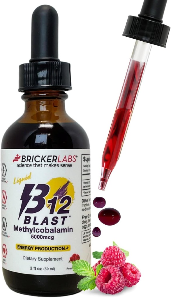 Bricker Labs B12 Blast Methylcobalamină 5000mcg, Marea Tasting Sublingual Energie lichidă Vitamine - Vegan B12 Vitamine, Susţinut energie şi Cellular Health Supplement - 59 de zile serviri