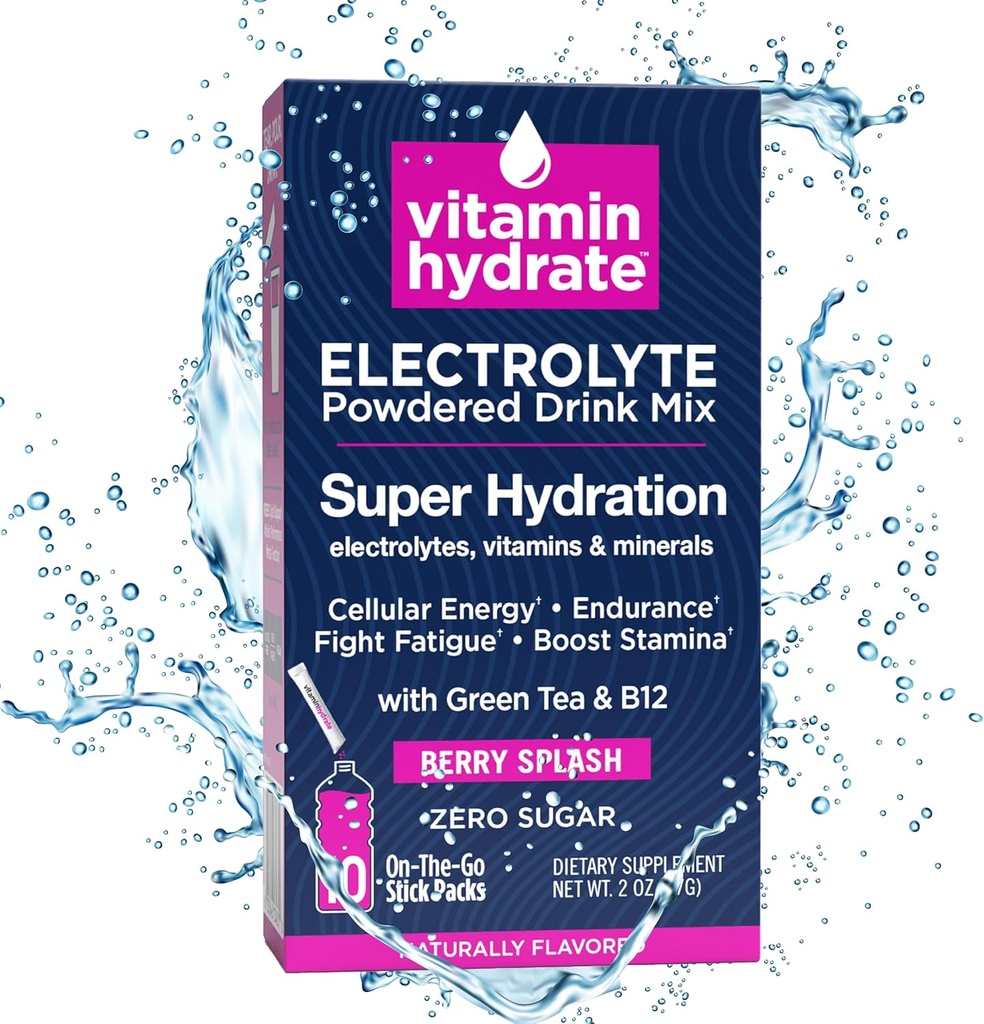 Hydrate Electrolyte por Drink Mix, Super Hydration, Boost Stamina & Fights Fáradtság, Bursting with Electrolytes, Vitamins & Minerals, 0 Sugar, Berry Splash, 10 Stick Packs