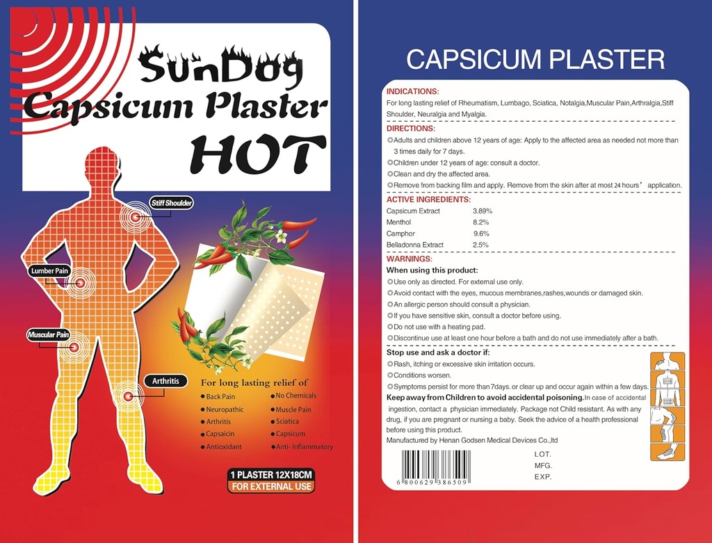 SunDog Природні Болі Relief патчі (10 пакет) - Extra Large, Ні Хімічні речовини, 24hr Long-Lasting - Capsaicin + Ментол Терапія для болю в спині, м'язова хвороба, артрит - Premium Hot & Cold Patches