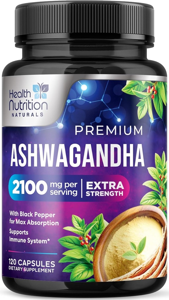 Ashwagandha papildai - 2100mg Ashwagandha Kapsulė moterims ir vyrams, Natural Antioksidant Support, Ashwa Root Extract, Extra force Calm Support with Black Pepper, Vegan & Gluten Free - 120 Capsules