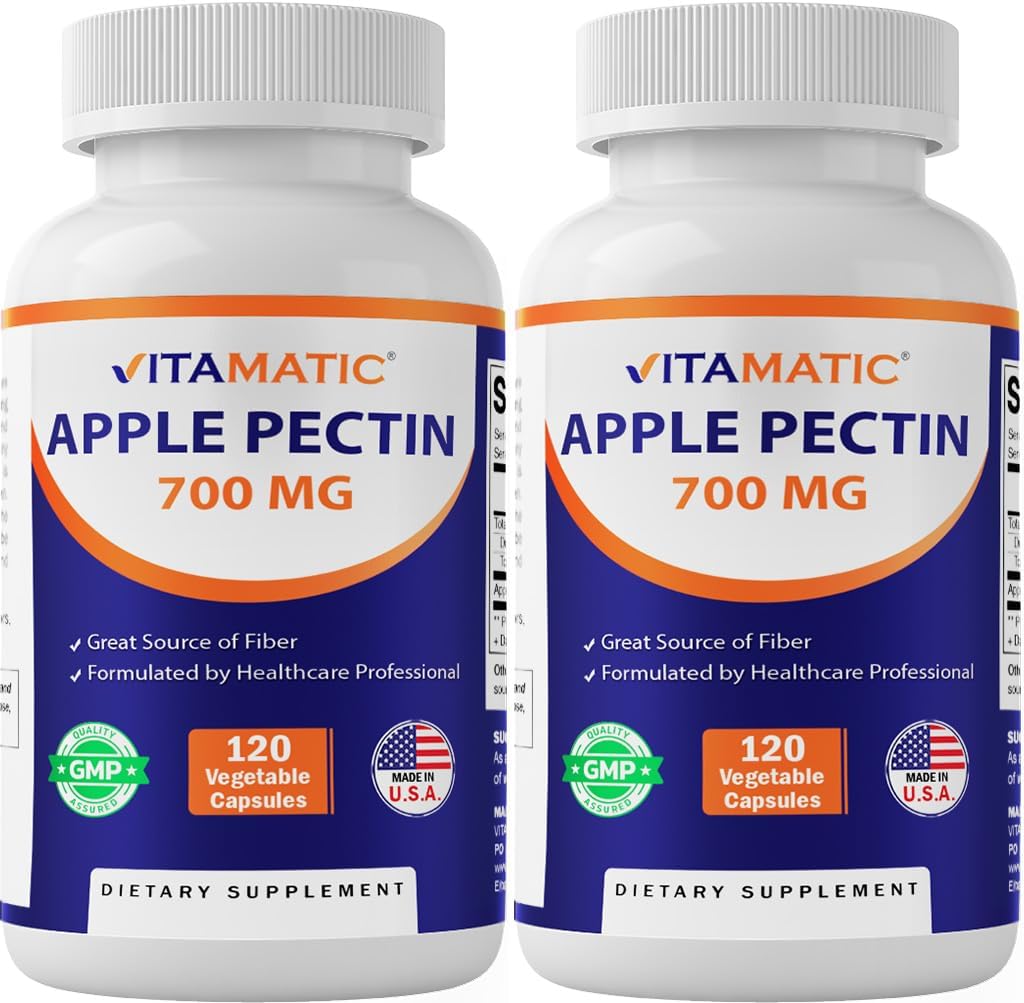 Vitamatic Apple Pectin 700mg – 120 Vegetarische Kapseln pro Flasche | 2-Pack (240 vegetarische Kapseln) Natürliche Nahrungsfaser-Ergänzung – Unterstützt Verdauungs- und Regelmäßigkeit*