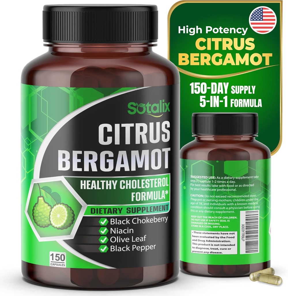 Premium Citrus Bergamot Organic Bergamot Supplement with Niacin Black Chokeberry Olive Leaf Black Pepper - Heart & Circulatory Function Support 150-day Support (150 Count (Pack 1))