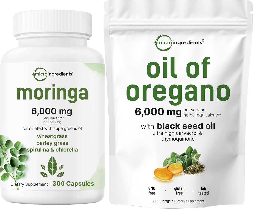 Micro Ingredients Oil of Oregano Softgels 300 Count & Moringa Oleifera 6,000mg Lygiavertė 300 Capsules Bundle 2 Pack Bendrijoje 124; Carvacrol & Thymoquinone ® 124; Antioksidanto priedas