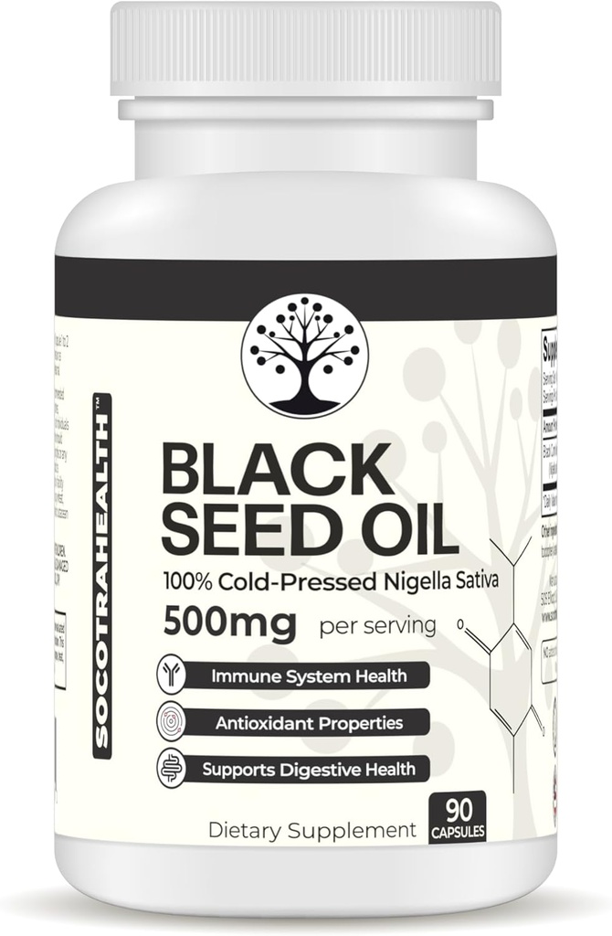 Svartfrøolje - 100% kaldpresset svart cumin Nigella Sativa - Antioksidant, immun- og digestivsystemstøtte - Ikke-GMO, Glutenfri - 500 mg per servering - 90 Vegankapsler