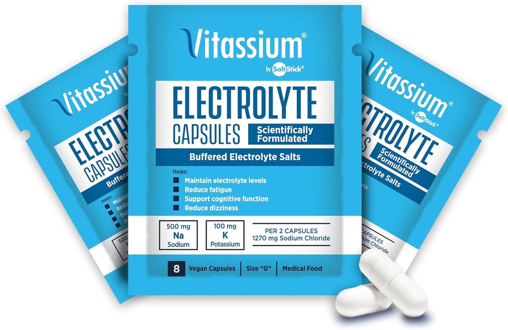 Cápsulas de Vitassium, electrólitos para a xestión dietética dos síntomas da síndrome de POTS (500mg de sodio - 100mg de potasio), 240 cápsulas de sal Buffered.