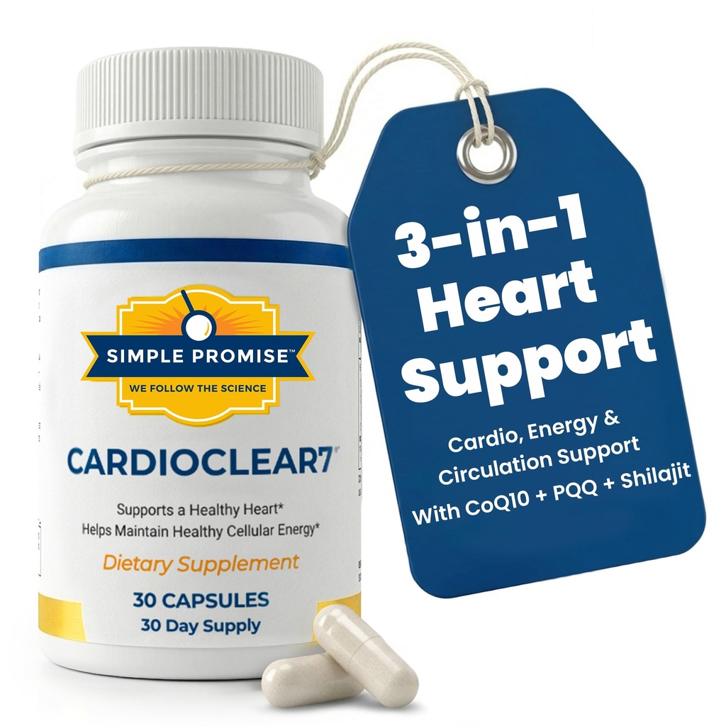Simple Promise CardioClear7 CoQ10 with PQQ and Shilajit Supplement - Daily Heart Health, Circulation and Cellular Energy Support - Gluten Free, Non-GMO, cGMP Certified - Once Daily, 30 Capsules
