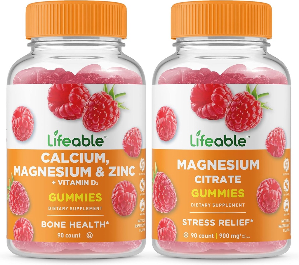 Lifeable Calcium, Magnesium, Zinc & ויטמין D + Magnesium,mies Bundle - Great Tasting, ויטמין תוסף, Gluten Free, GMO חינם, Chewable Gummymymymymy