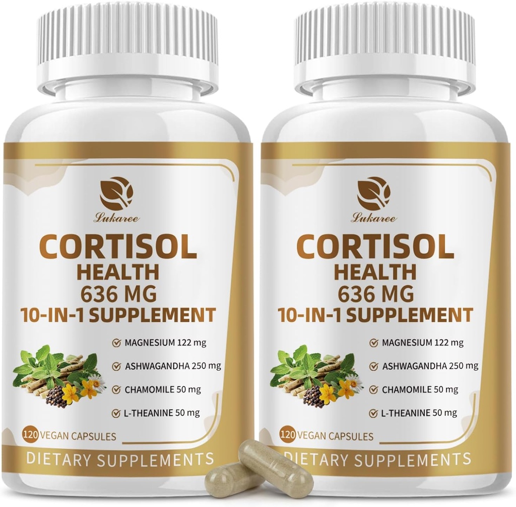 10-IN-1 Cortisol Supplementer med magnesium, Ashwagandha, Kamille, L-Theanin, Fosfatidylserin, St. Johns wort, Astragalus, Vitamin C & D3, For kvinner, 240 Vegan Kapsler i 4 måneder, Ikke-GMO