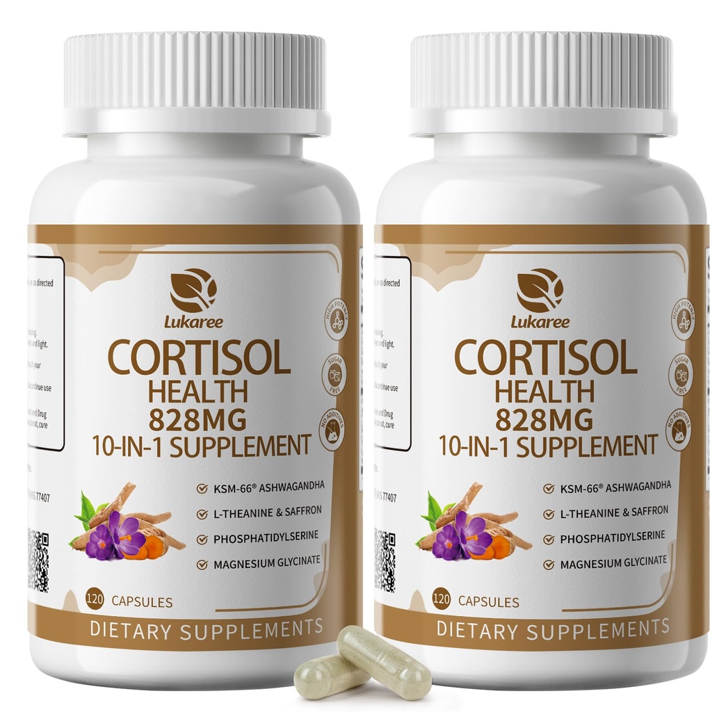 10-in-1 Cortisol Supplements w/KSM-66® Ashwagandha 300mg + L-Theanine 250mg, Magnesium Glycinate, Saffron, Phosphatidylserine, Turmeric & Vitamin C D3 B6 B5, for Women Men, 120 Capsules 2 Pack