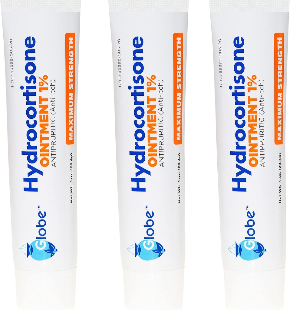 (3 pakkaus) Globe Hydrokortisoni Maximum Strength Läpinäkyvä voide 1%,1 oz, Kostumaton Topical Ointment for Redness, Turvotus, kutina, ihottuma, ötökän/moskiiton puremat, ihottuma, peräpukamat & enemmän