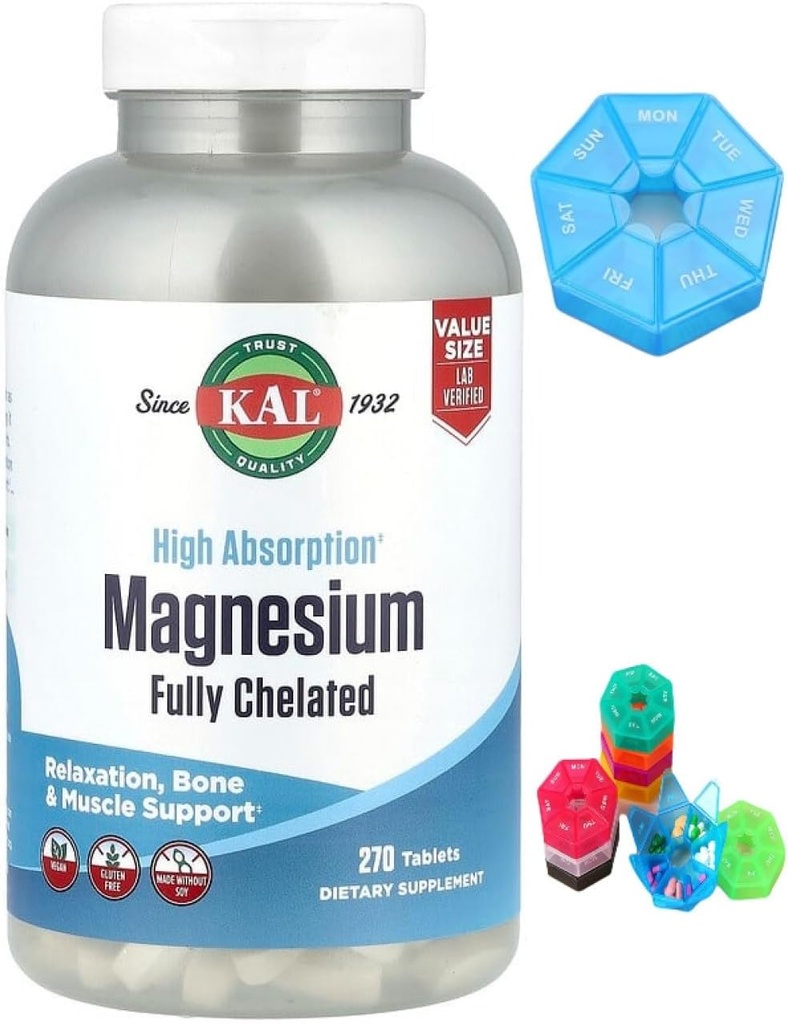 מיוצר עבור KAL, Magnesium, Fully Chelated, High Absorption, 270 טבליות + 1 Mini Pill Box עבור 7 ימים