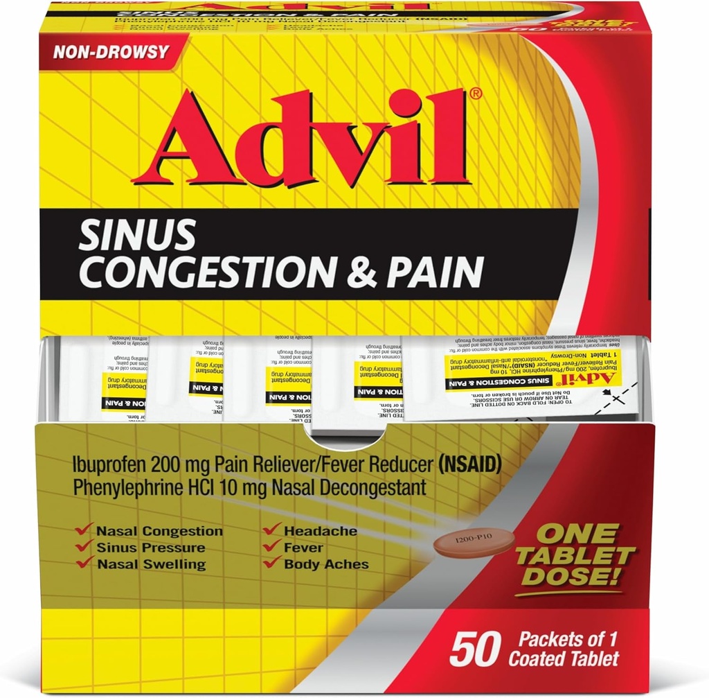 Advil Sinus Congestion and Pain, Sinus Relief Medicine, Pain Reliever och Fever Reducer med Ibuprofen och Phenylephrine HCl - 50 Coated Tablets