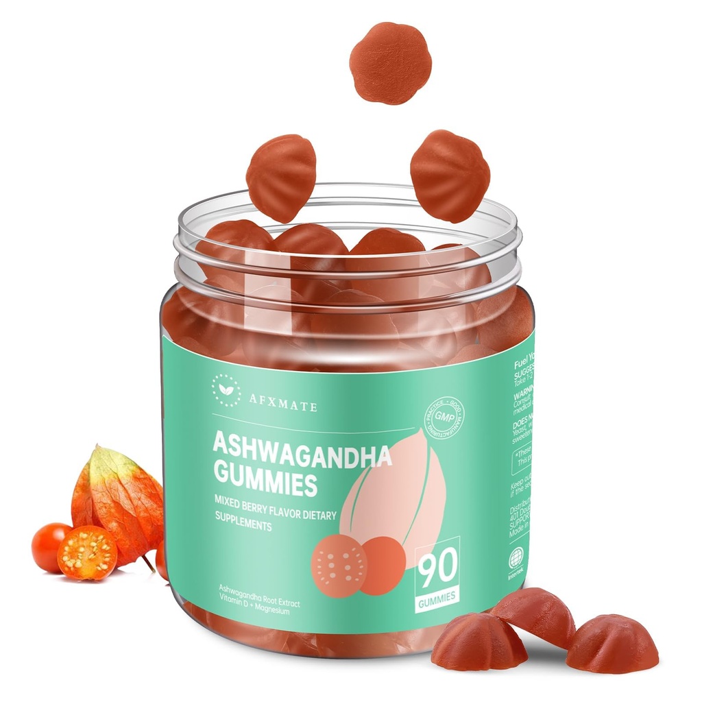 AFXMATE Ashwagandha Gummies for Women & Men Sugar Free | Chewable Vegan Calm Mood & Stress Support Supplement with Vitamin D & Magnesium Glycinate, 90 Count