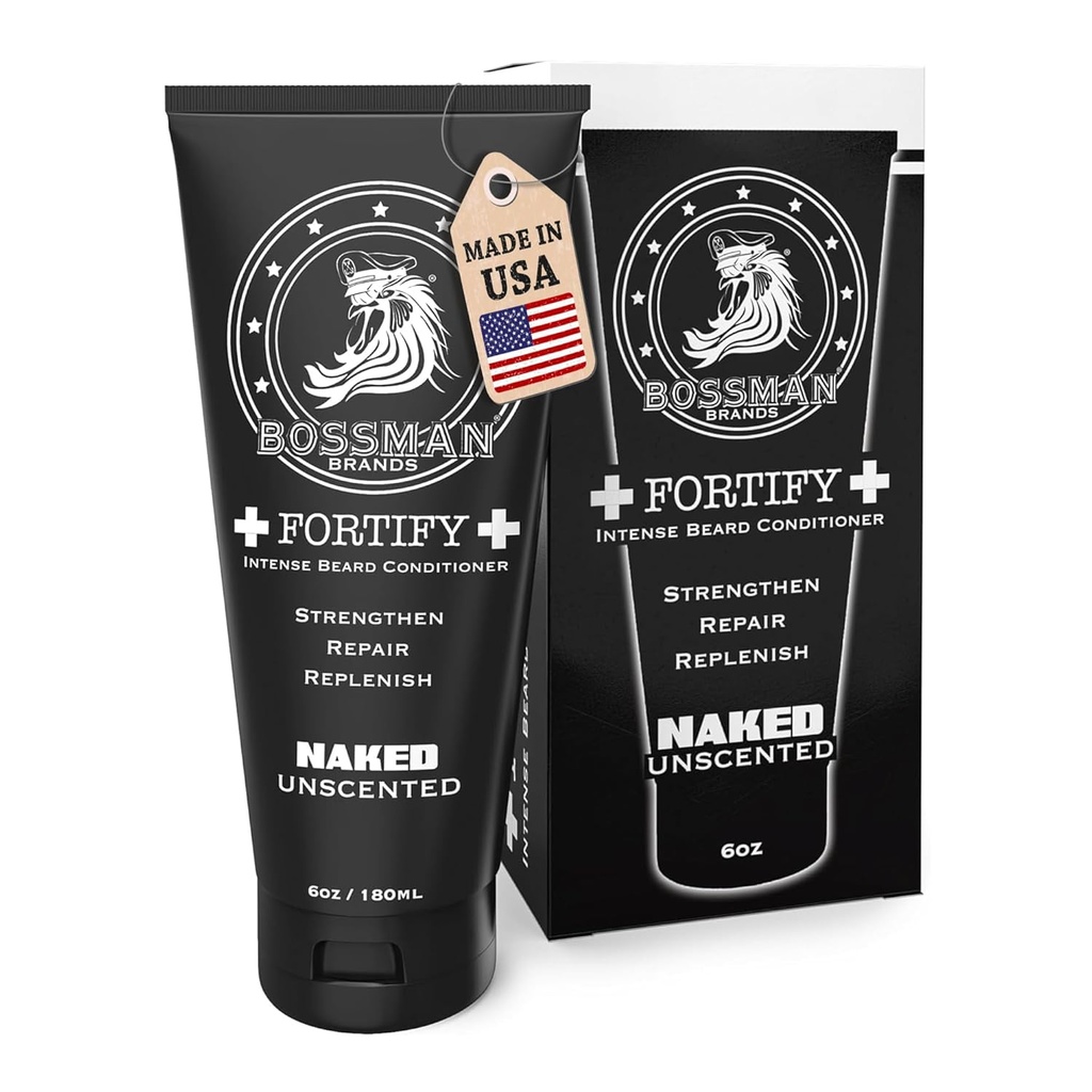 Bossman Fortify Intense Beard Conditioner for Men (Naked - Unscented) – Moisturizes, Replenishes & Protects with Natural Ingredients – Thicker Formula, Made in USA