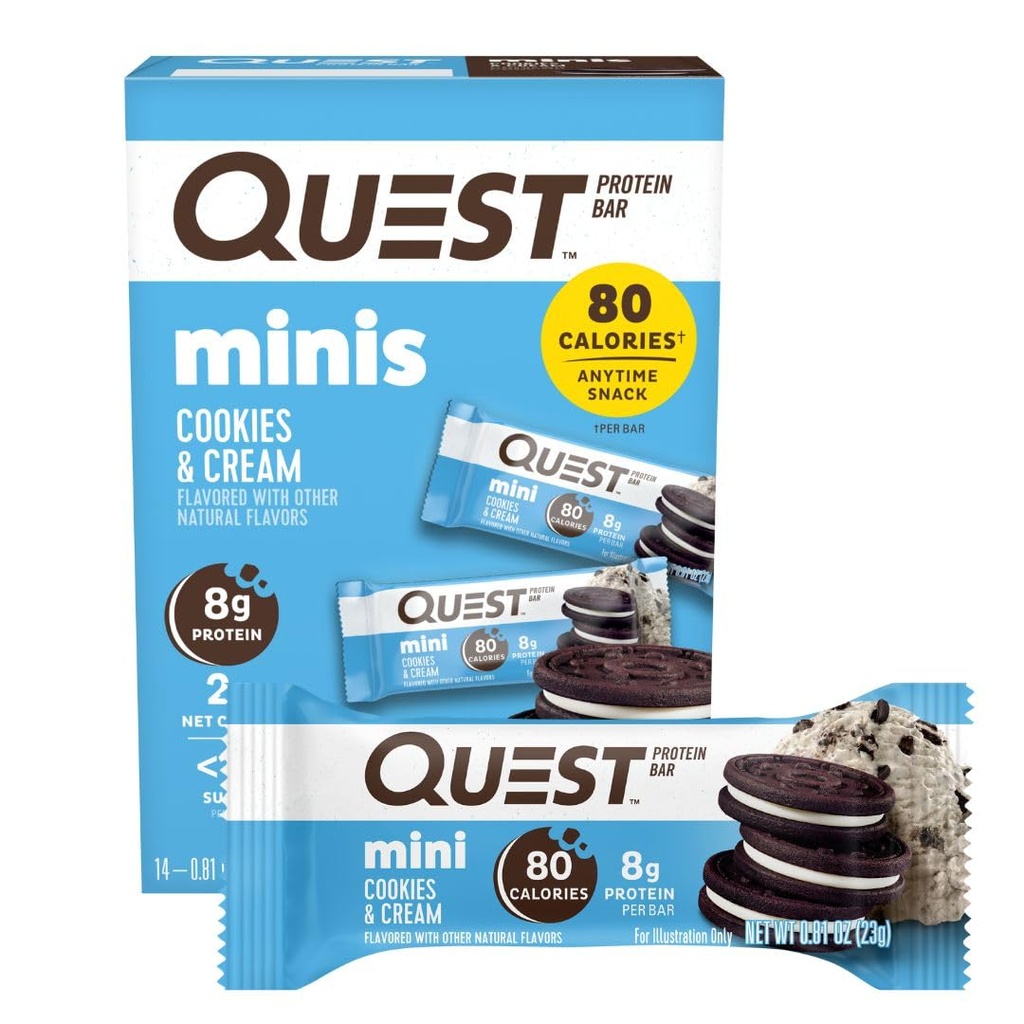 Quest Nutrition Mini Cookies & Cream Protein Bars, 8g Protein, 1g Cukor, 2g Net Carbs, bez lepku, 14 g