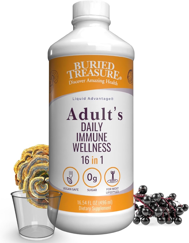Treasure Adult Daily Immune Wellness, 16oz with Dose Cup, Elderberry Echinacea VIT-C Zinc, Mushroom Blend, Natural Immune Booster