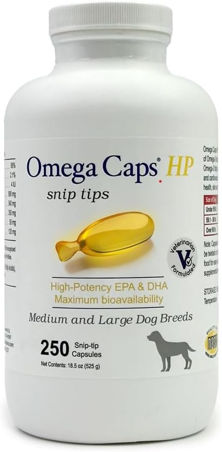 Omega Caps HP Snip Suggerimenti per cani di medie e grandi alta potenza EPA e DHA Max Biodisponibilità Fish Oil Supplement Vet formulato in USA Cappotto pelle Joint e Heart Health 250 capsule