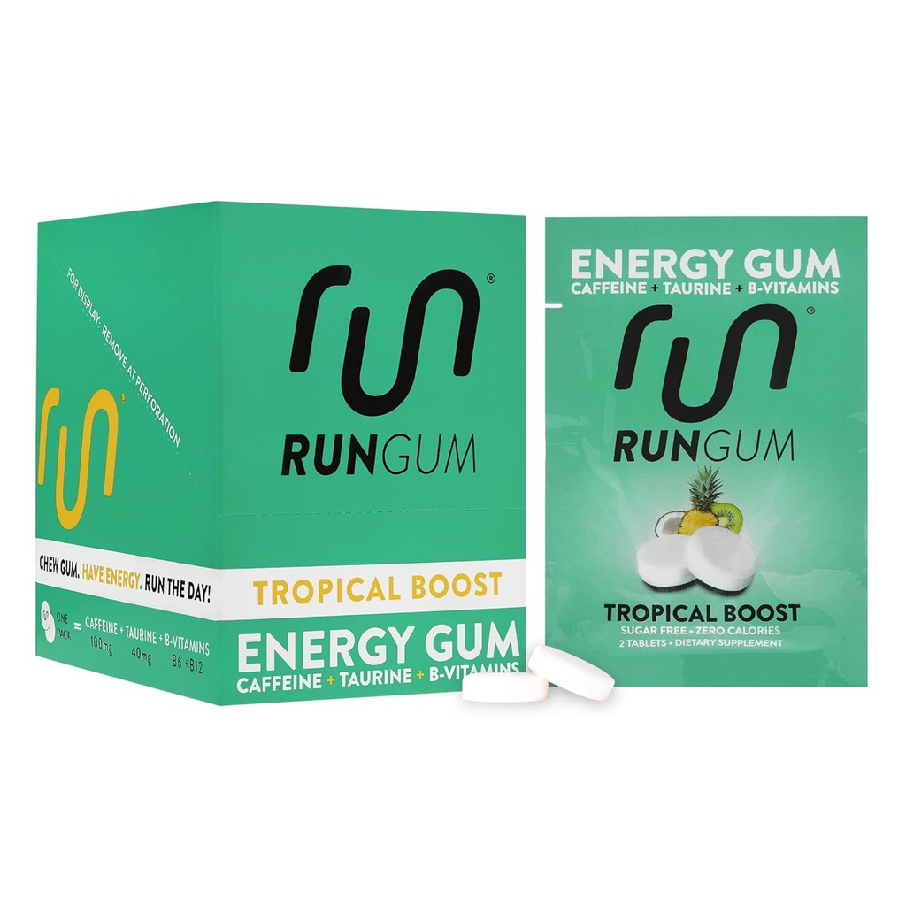RUN GUM Tropical Boost Energy Chewing Gum 50mg Koffein Taurine & B-Vitamine Per Piece, 24 Stück (Pack mit 12) Zuckerfrei, Zero Calorie, No Aspartame und Glutenfrei, 1 ea
