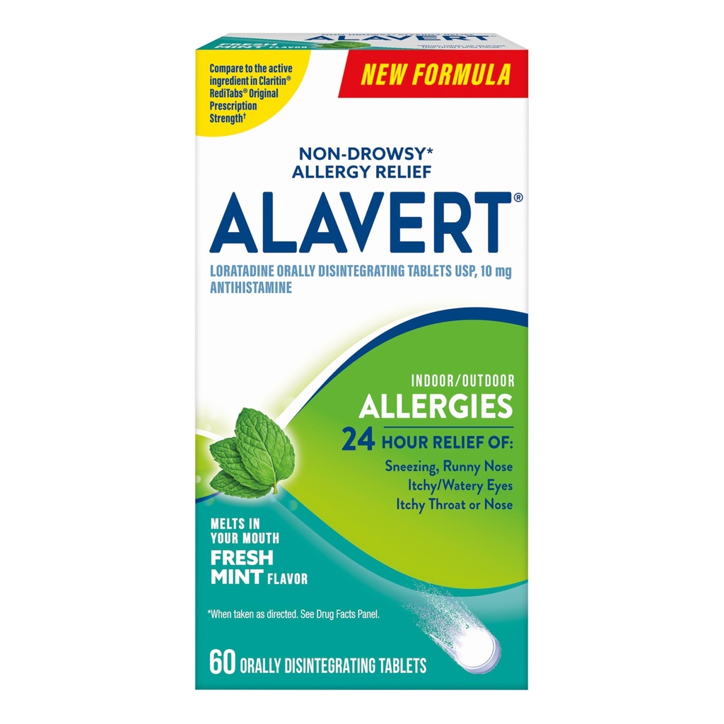Alavert 24 Hour Allergy Relief Tablets, Non-Drowsy Antihistamine, Orally Disintegrating Allergy Tablets, Loratadine 10 mg, Fresh Mint Flavor, 60 Count