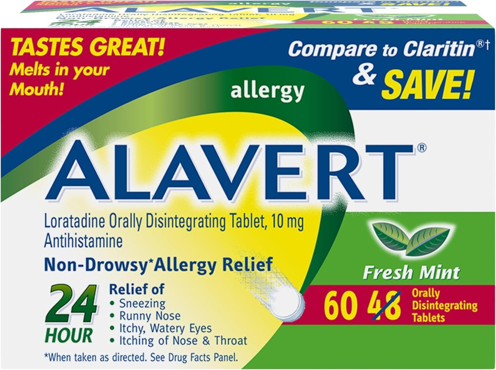 Alavert Allergie 24 uur Relief, Fresh Mint smaak, Orally Desintegring Allergie Tablets, Non-drowsy Antihistamine, Loratadine 10mg, 60 Tellen
