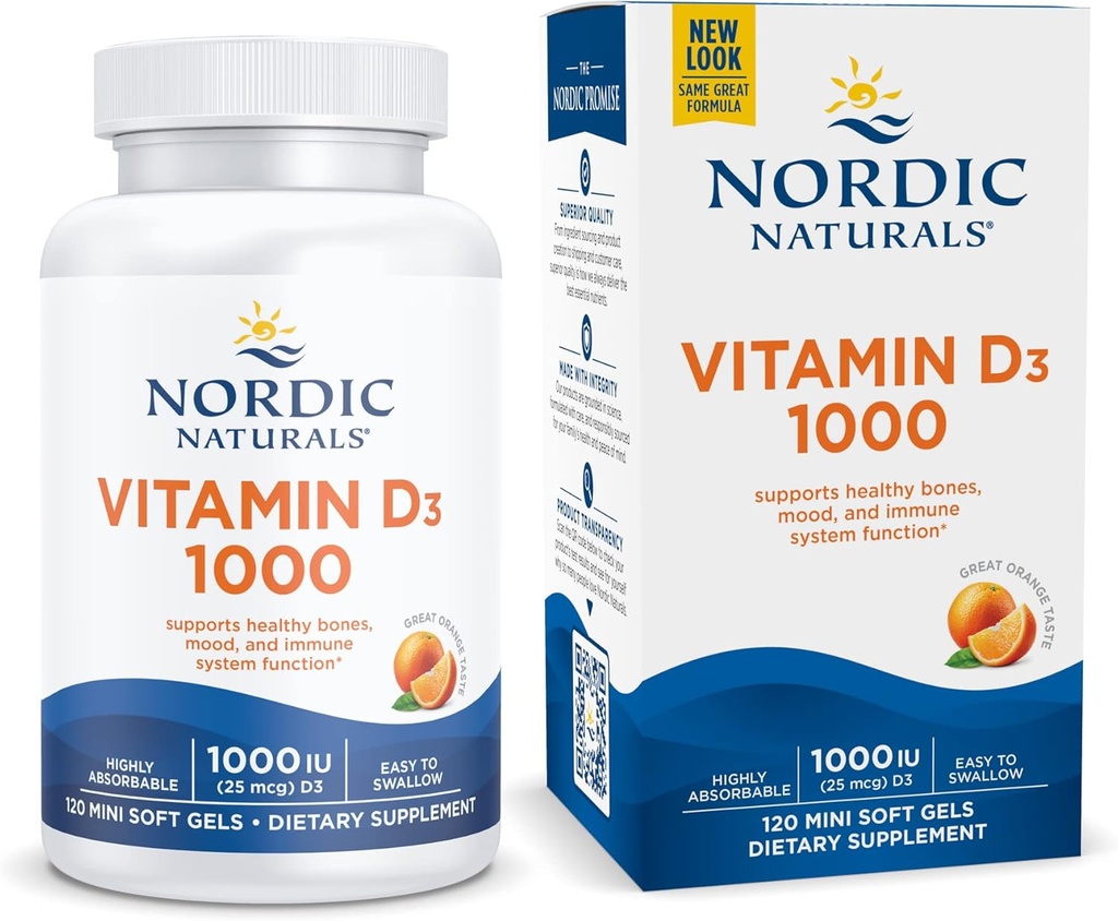 Naturals Nórdico Vitamina D3 1000, Laranja - 120 Mini Geles Macios - 1000 UI Vitamina D3 - Suporta Ossos Saudáveis, Mood & Imune System Function - Non-GMO - 120 Servings