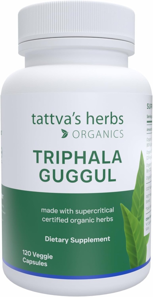 Tattva's kruiden Triphala Guggul Herbal Supplement, Ayurveda Kruidensupplementen, Digestieve Gezondheid en Ondersteuning, Biologische Triphala Capsules, 120 Telling, 25 Jaar Premium Service