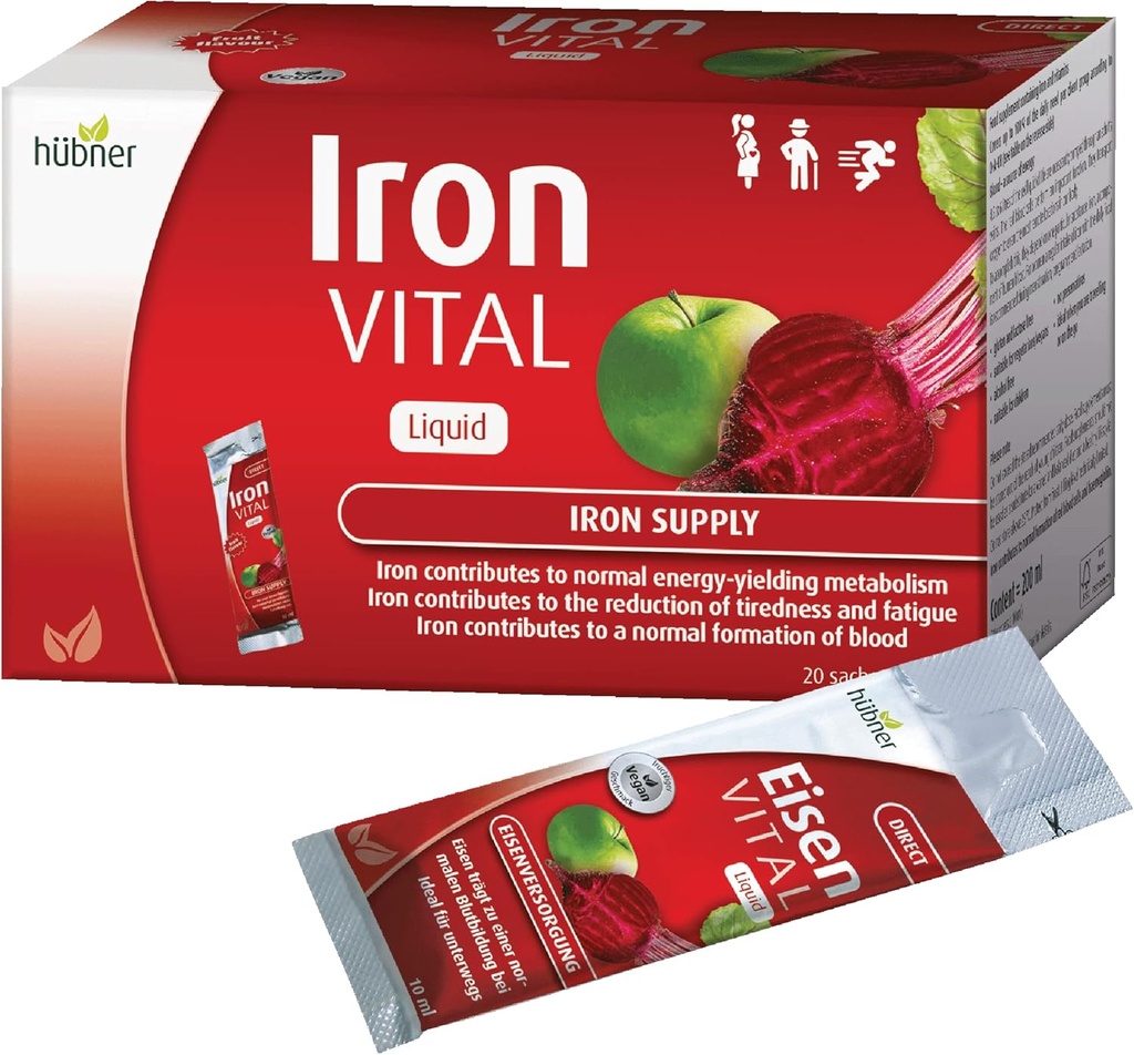 Hübner Iron Vital Liquid Iron Supply Plus Vitamin C, Kosttillskott för vuxna och barn, Vegan och Gluten-Free, Fruit Flavor, Box av 20 Packets, 10 ml Varje