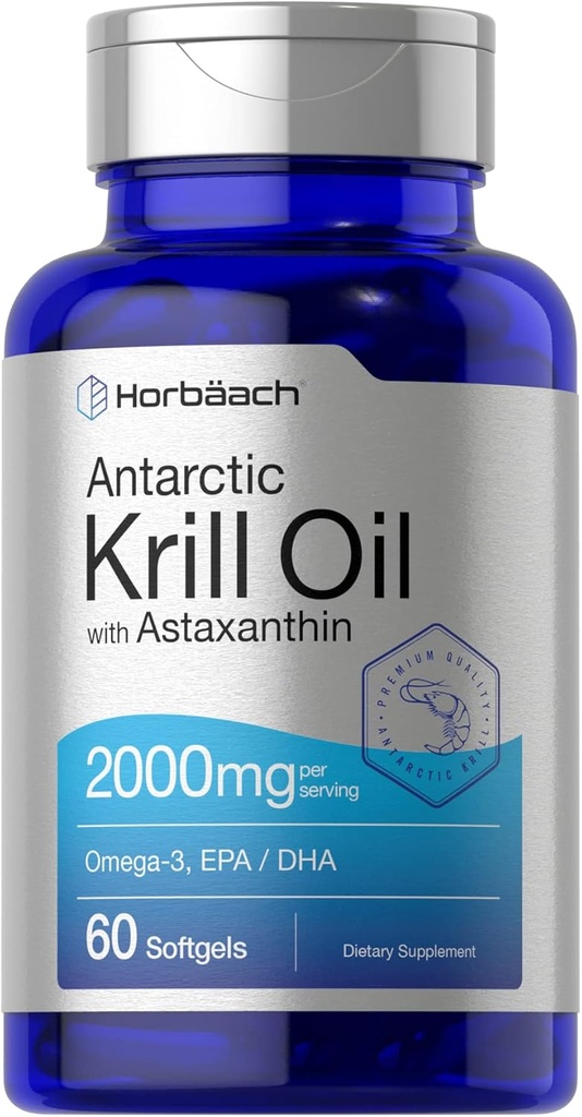 Horbäach Antarktis Krill Öl 2000mg | 60 Softgel Kapseln | Omega-3, EPA, DHA Ergänzung | mit Astaxanthin | Non-GMO, Glutenfrei