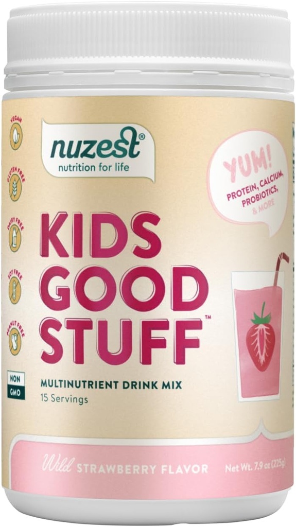 Nuzest - Kids Good Stuff - Vegan Smoothie Mix - Wild Strawberry - Multivitamin Nutritional supplement Protein Shake - Dairy Free - Supporting Growth and Development - 225g/ 7.9 oz (15 Servings)