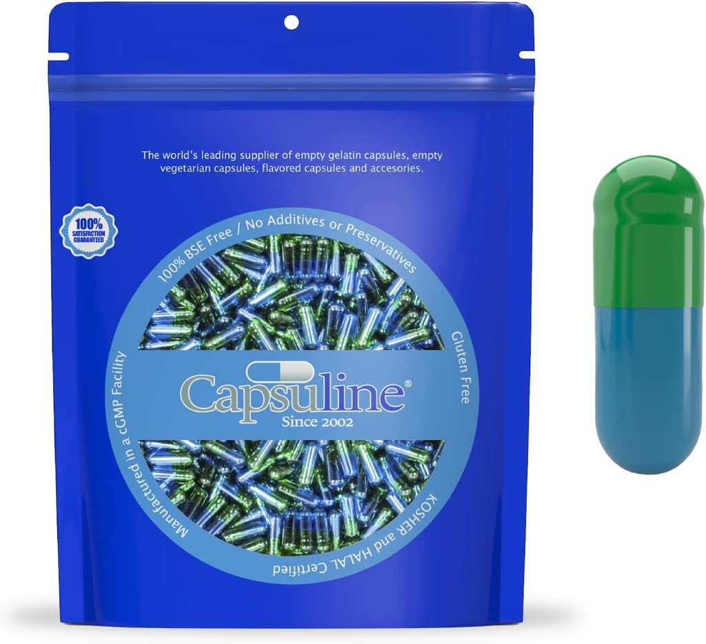 Capsuline Colored Size 3 Empty Gelatin Capsules Green/Blue 1000 count |Kosher " Halal Certified  Gluten Free