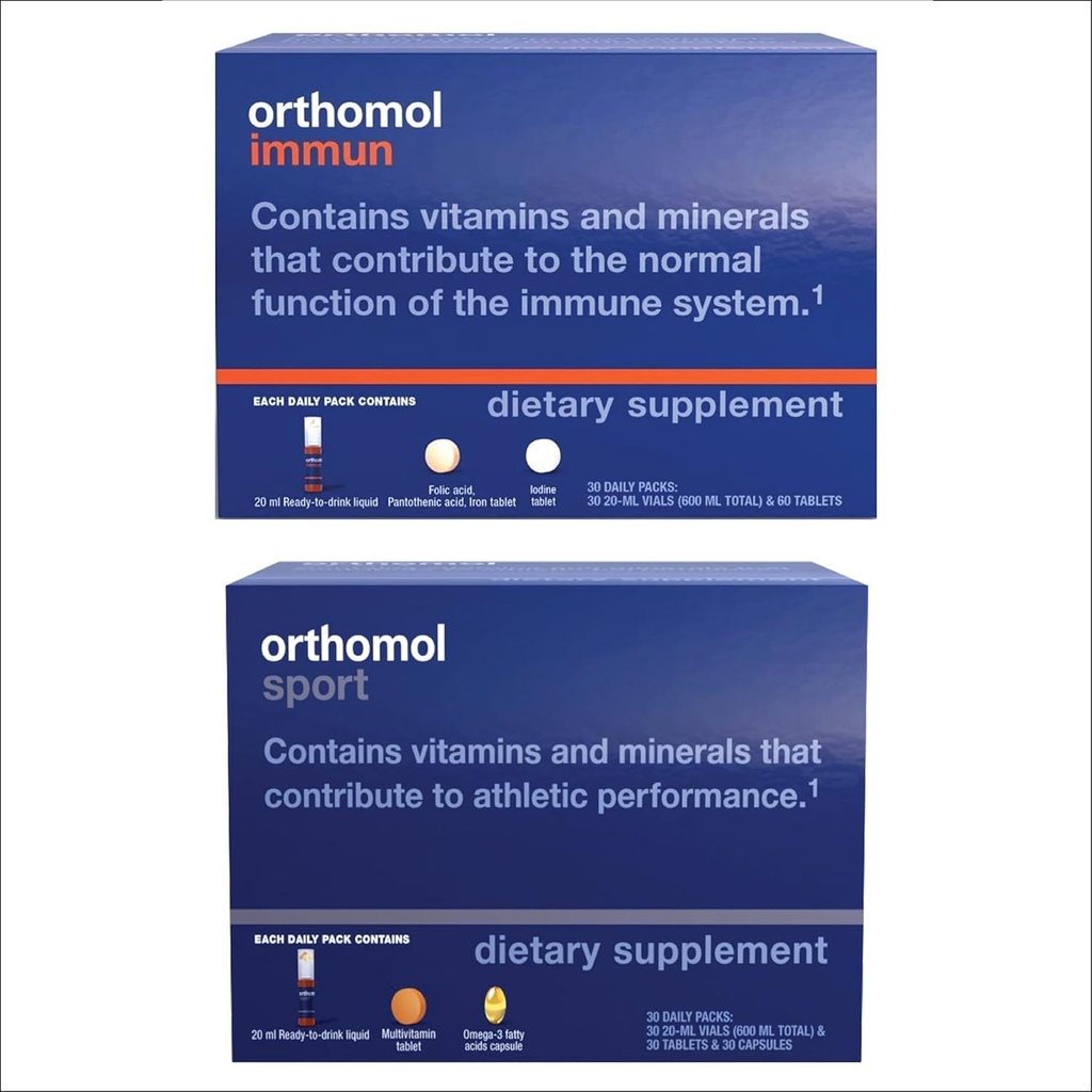 Frascos de Orthomol Immun & Sport, Nutrição Desportiva e Suplementos de Apoio Imune, Fornecimento de 30 dias