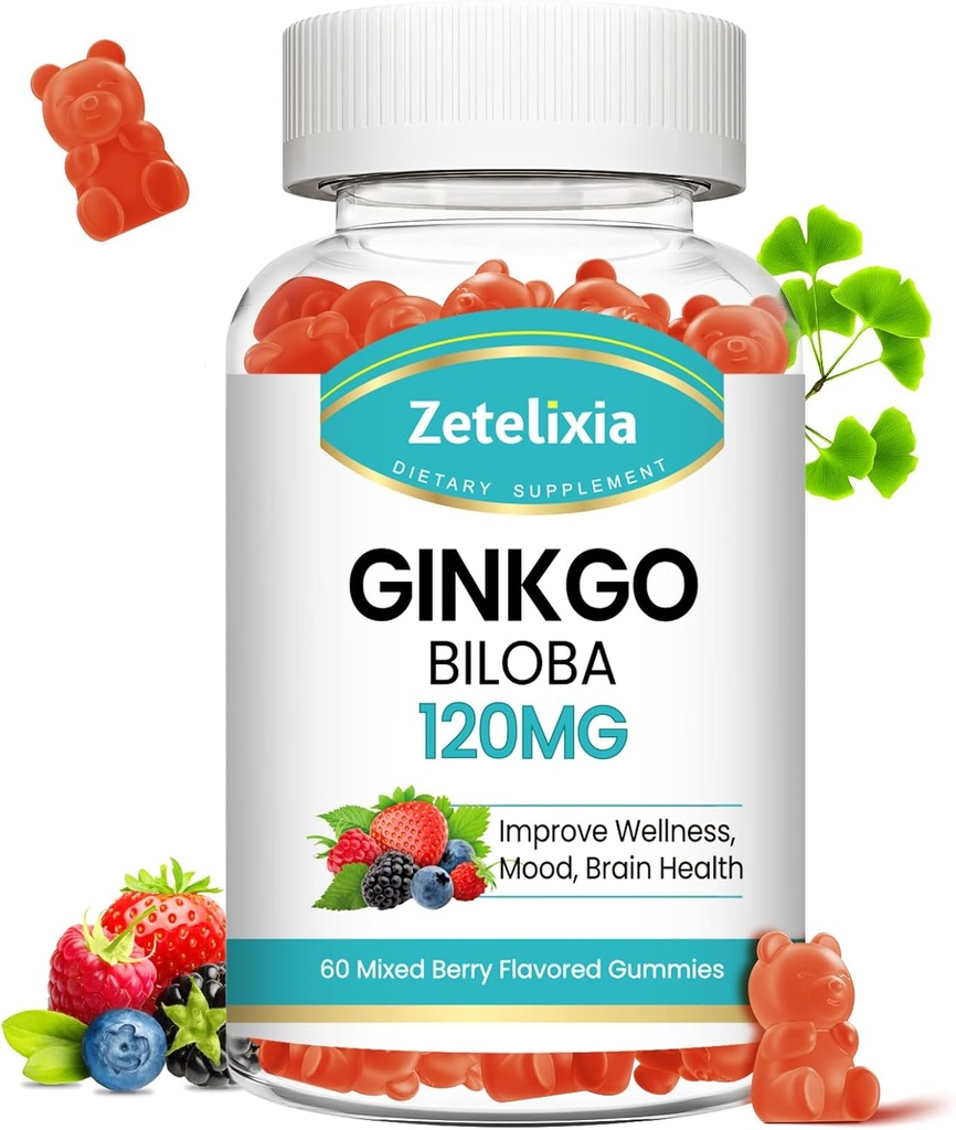 Ginkgo Biloba Gummies for Women and Men, Brain Supplement Better Mood and Focus, Vegan Mixed Berry Flavor 60 Count