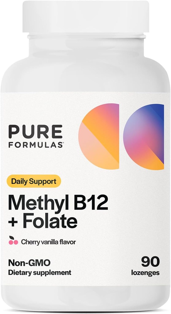 PureFormulas Metil B12 + Folāta papildinājums, 1000 μg metilēta B12 papildinājums, 665 μg folāta, ķiršu Vanilla Flavor, metilēts B vitamīns 12 - ne-GMO, 90 Lozenges