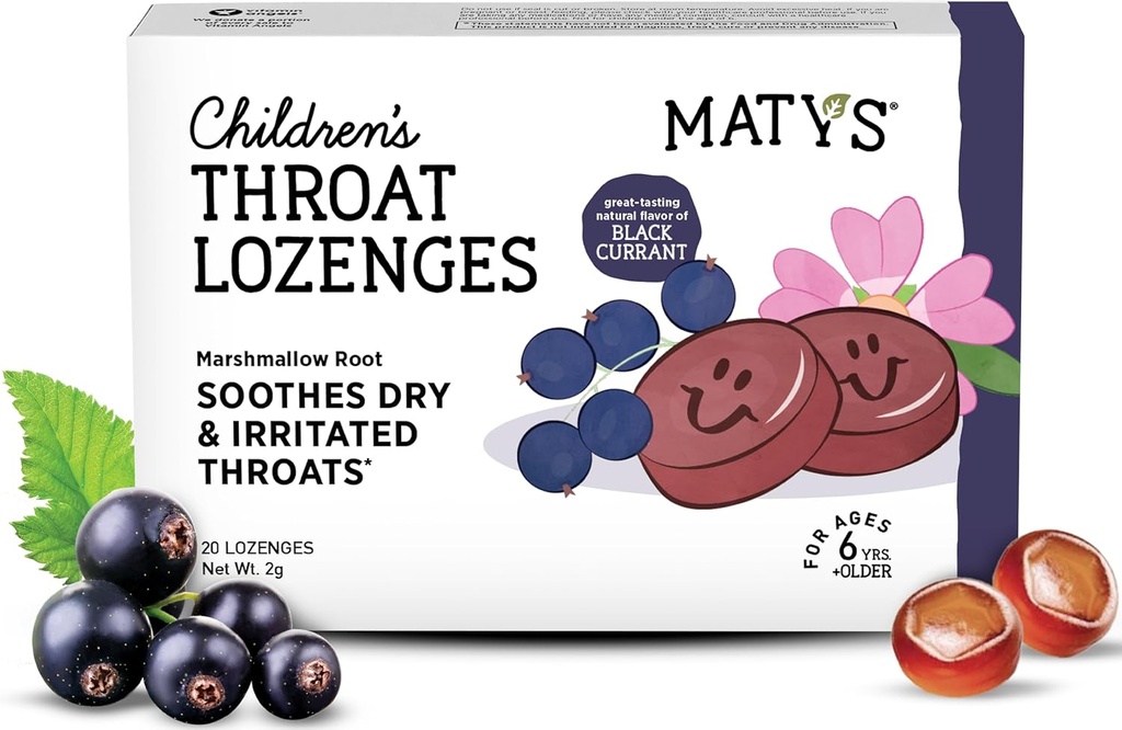 Mattys kiddle Lozenges สําหรับอายุ 6 ปีเก่า + Tasty Black Currant Flavor, Soothe & Iritited languages & Commissions & losense with Mashmalal Root, Sweet, Sween, Day Free, Day Free, Oliet, 20 เคานท์