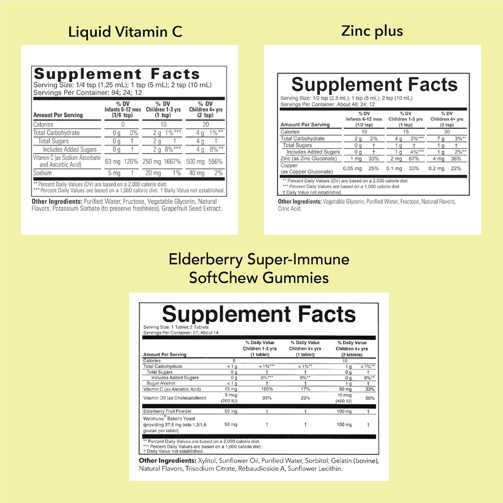 LLABES DESICINES nens Immune Package - Líquia C, Lderberberry Gupses, i Líquid Zinc per infants, Toddlers i fills