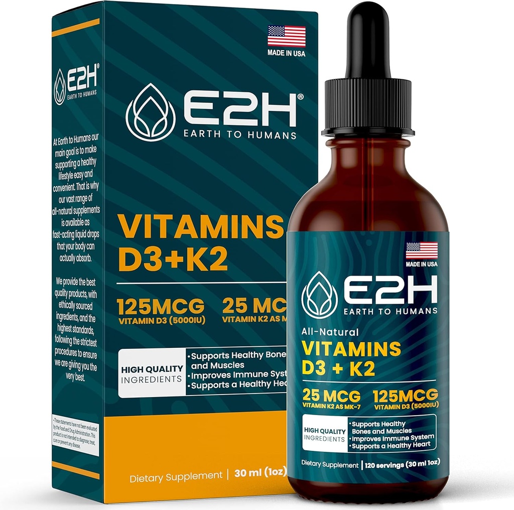 E2H Вітаміни D3 & K2 Supplement for Immune Support - Рідкий вітамін D3 5000 IU - Виготовлений в США - Non-GMO, Vegan - 120 Сервінги