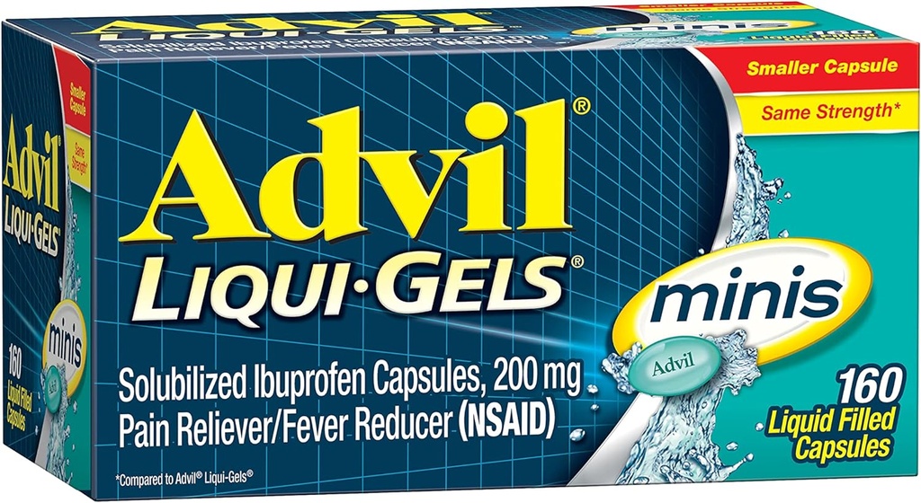 Advil Liqui-Gels Minis Pain Reliever and Fever Reducer, Pain Medicine for Adults with Ibuprofen 200mg for Pain Relief - 160 Liquid Filled Capsules
