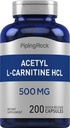 Piping Rock Acetyl L-Carnitin HCL | 500 mg | 200 Pulver Kapseln | Non-GMO, Glutenfreie Ergänzung