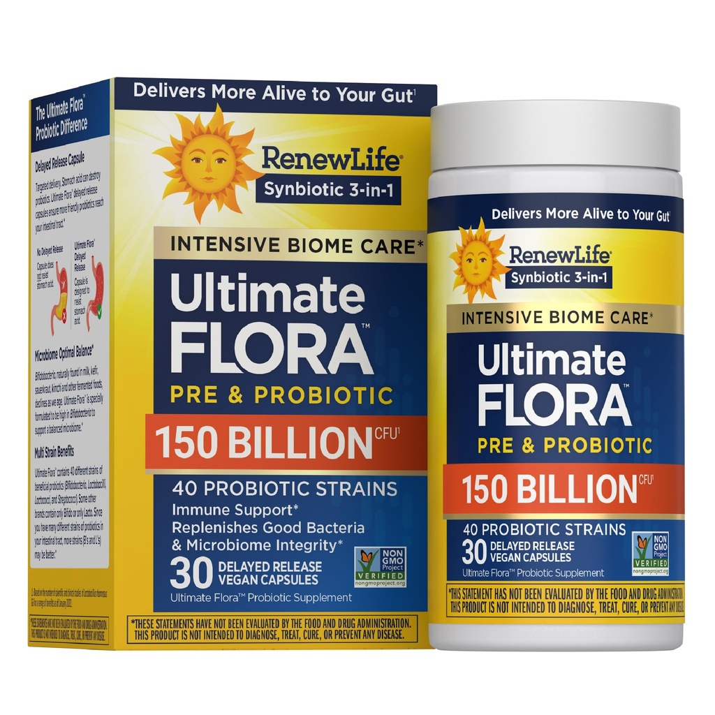 Renew Life Ultimate Flora Adult Ultimate Care Probiotic, 150 Billion, 30 Caps (Package May Vary)