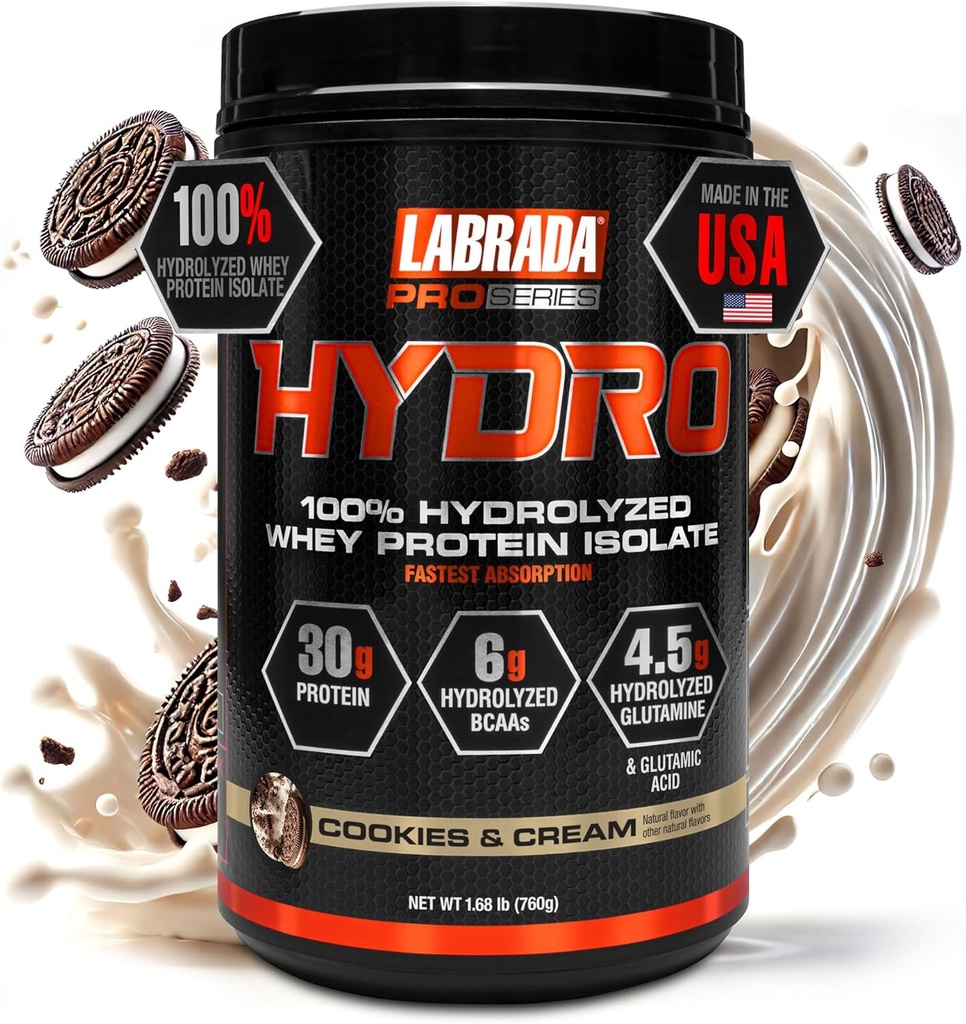 Labrada Hydro 100% Pure Hydrolysed Whey Protein Isolate Powder, Lactose fri, 6g BCAA s, 4.5g Glutamin, Fastest Digesting Whey Tilgængelig, Instant Mixing, Lækker Taste 20 Servere (Cookies & Cream)