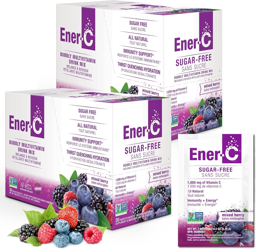Ener-C Sugar Free Multivitamin Drink Mix - Vitamin Powder for Water, Electrolytes Powder No Sugar, Hydration Boost Packets, Zero Sugar, Vitamin C ' B12 supplement Liquid Mix - Mixed Berry, 60 count
