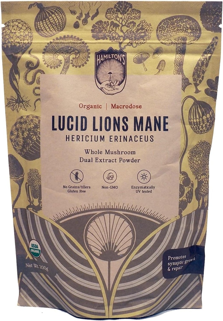 Hilton's Luid Lion's Mane | Organic Muchroom คลายสารหล่อลื่นสําหรับ Syaptes การซ่อมแซม, Nerve Fourse Profile, โฟกัส, ความจํา, และ  Concentration High Potithecify | Beata Glucans | GF, Not-GMOMO, เวก้า (200).
