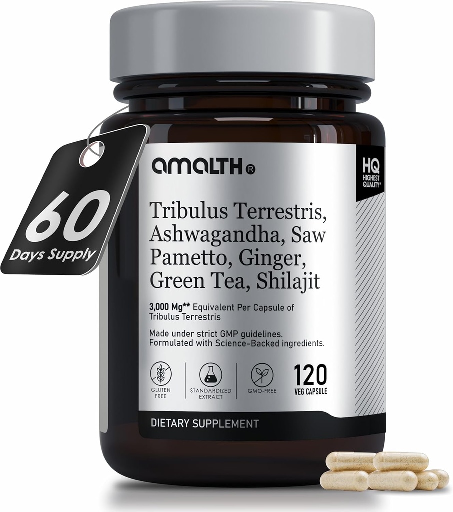 Amaalth Tribulus Territris, 20: 1 Ekstrak Per Serving, Potency Tertinggi dengan Ashwagandha, Saw Palmetto, Shilajit 120 Kapsul