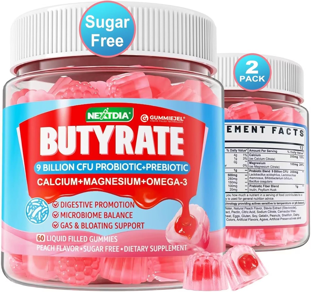 Butyrate Gummies with Probiotic + Prebiotic + Postbiotic, Omega-3 500mg,9 Miljard CFU Probiotics with Fiber, Calcium & Magnesium, Inulin,Psyllium Husk for Digestive Health,Bloating Support, Sugar Free