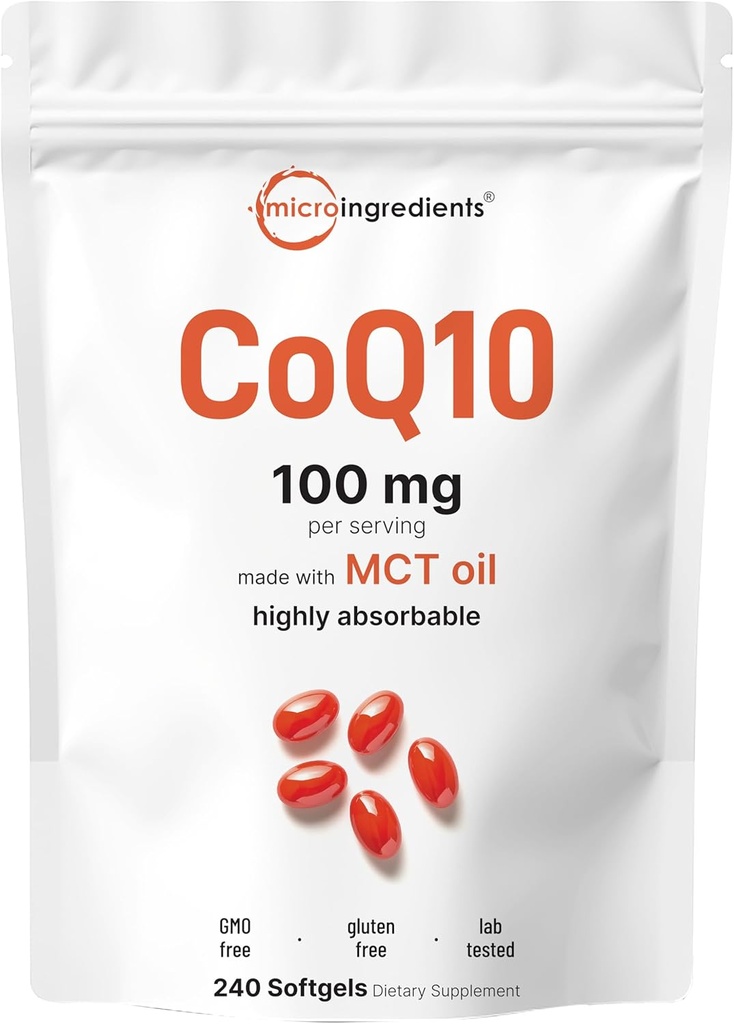 Micro Ingredients CoQ10 100mg Per Serving - 240 Softgels Made with Coconut MCT Oil - High Absorption Coenzyme Q10 as Ubiquinone - Antioxidant Support for Heart ' Energy Health - Non-GMO