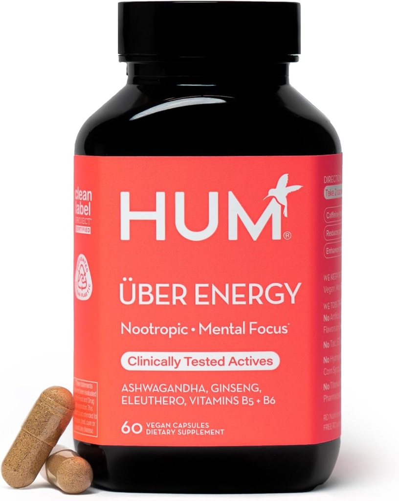 HUM Uber Energy Adrenal Energy Support Supplement with Ashwagandha Root, Ginseng, B Вітаміни, Вітамін B6, B5 і Адаптогени, добавки для Adrenal Fatigue Support, 60 Vegan Capsules