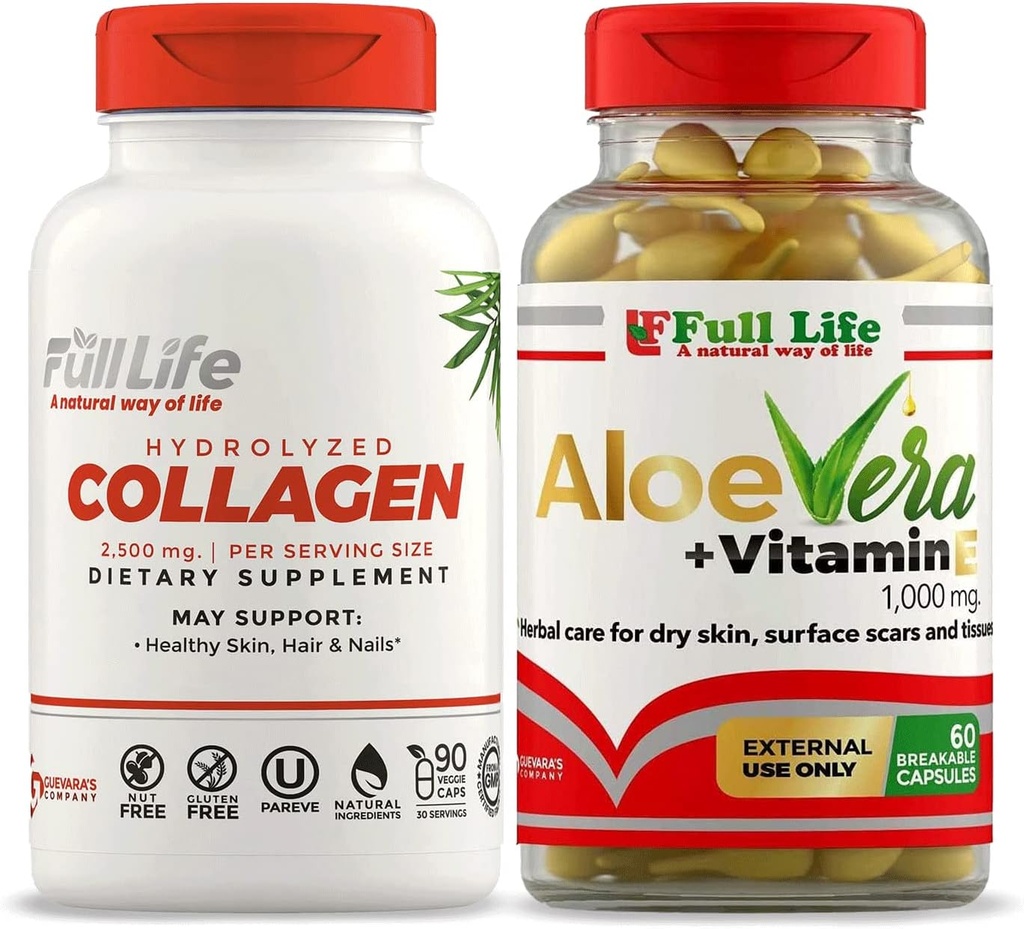 饱寿水解凝胶剂补充剂 - Bovine Collagen Pills 90 Capsules and Aloe Vera 配有维生素E Capsules 用于皮肤 - 水化面部摩擦剂 - 60个可碎胶片