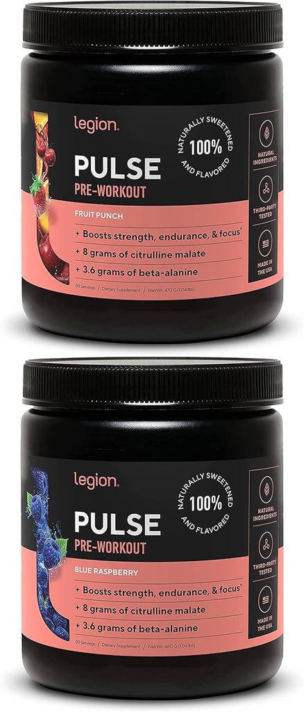 LÉGION Pulse Pre Workout Supplément - Toutes les boissons naturelles à oxyde nitrique pour stimuler l'énergie, sans créatine, naturellement sucré, Beta Alanine, Citrulline, Alpha GPC (Fruit Punch & Blue Raspberry)